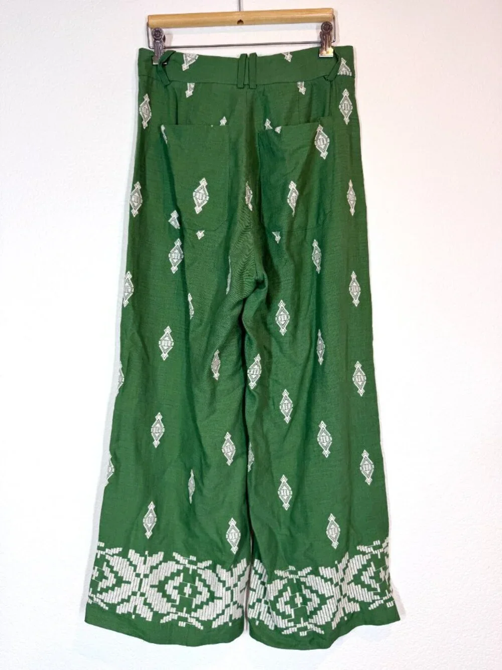 Zara Embroidered Trousers Size Small Green Pants Linen Cropped Wide Leg Coolots